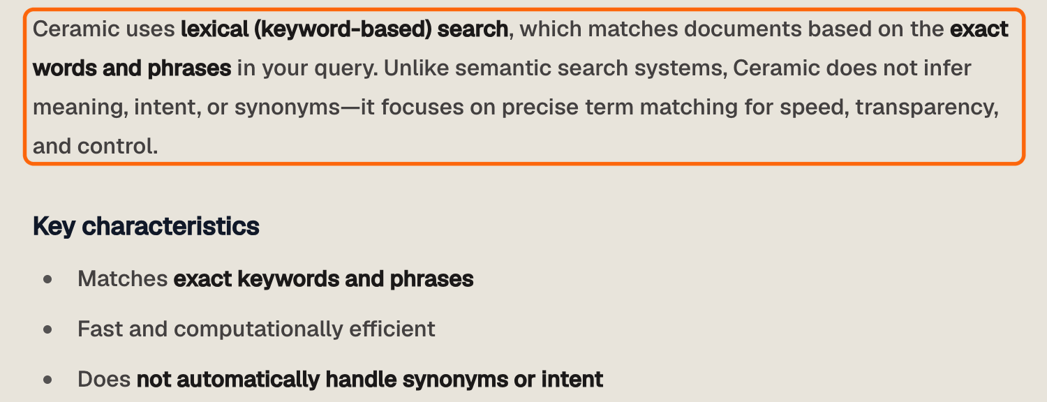 Ceramic's best practices page, with an outline around the paragraph that says Ceramic uses lexical keyword-based search and does not infer meaning, intent or synonyms
