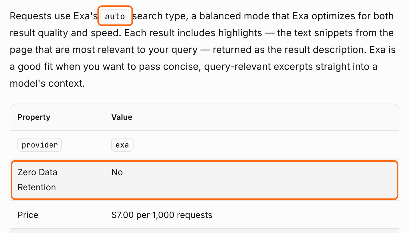 Cloudflare's provider page for Exa, with outlines around the auto search type and the Zero Data Retention row, which says No
