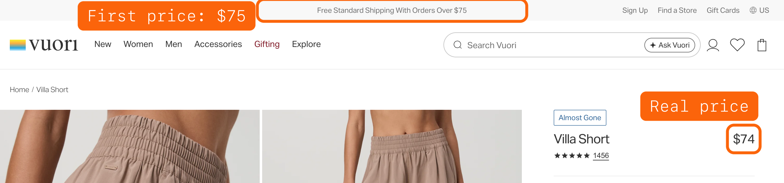 Part of Vuori's Villa Short product page, with an orange outline around "Free Standard Shipping With Orders Over $75" in the top bar and another around the $74 price