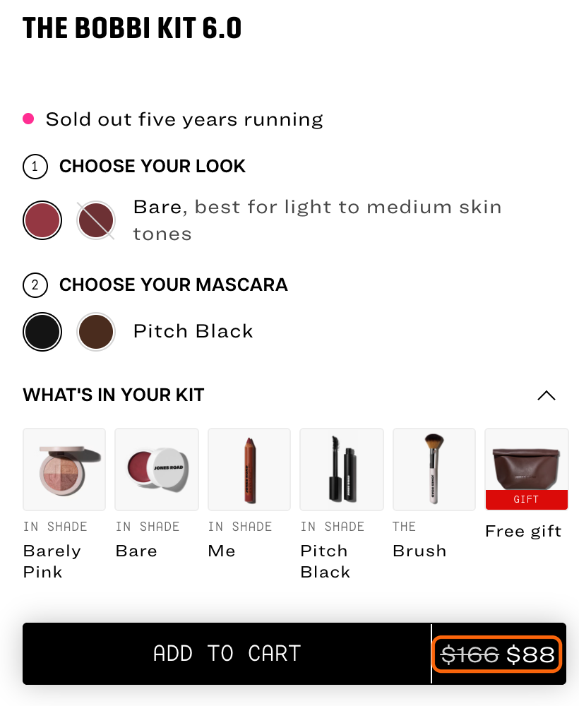 Jones Road's product page for The Bobbi Kit 6.0. The add to cart button shows $166 crossed out and $88, with an orange outline around both prices