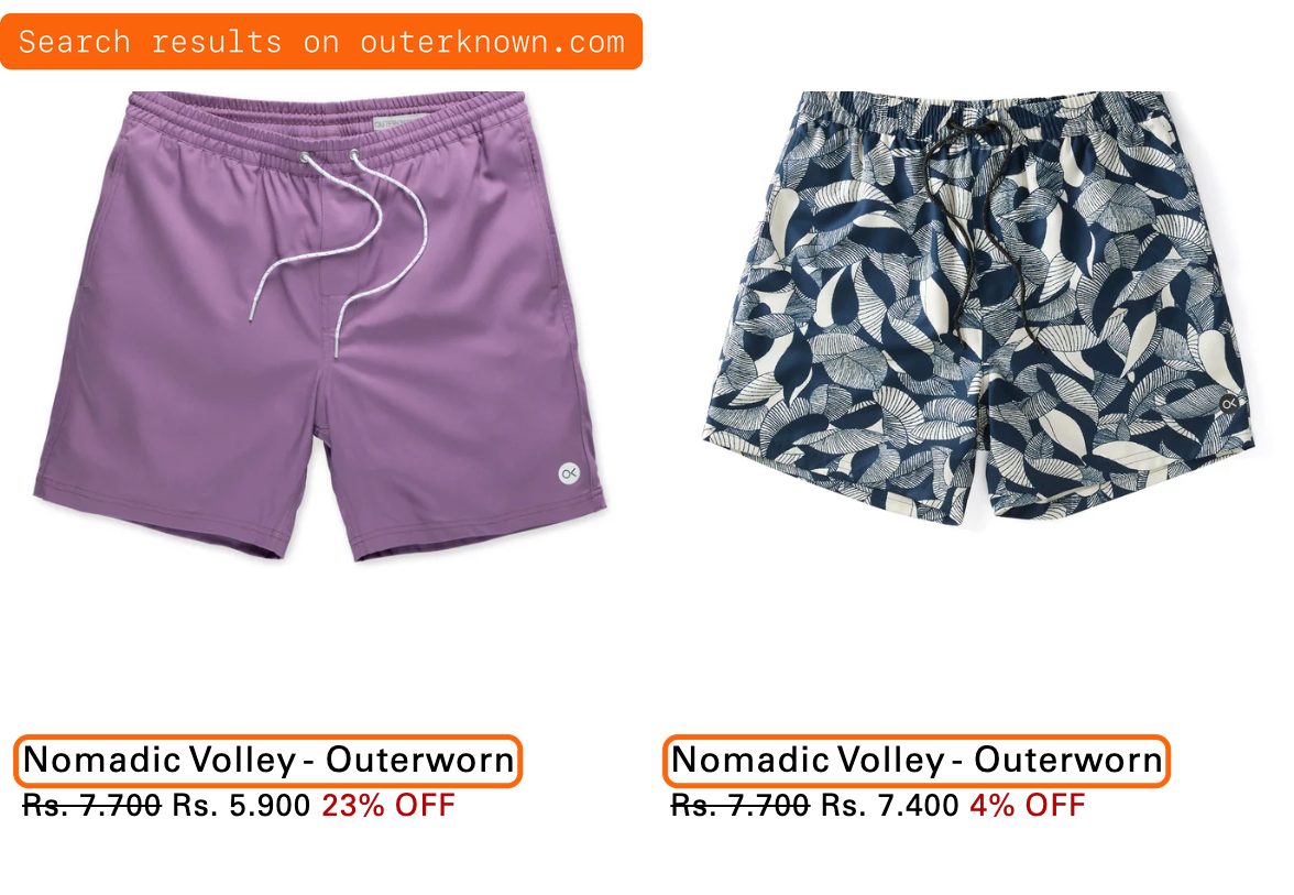 Search results on Outerknown's site. 2 results are called Nomadic Volley, Outerworn, at 5,900 and 7,400 rupees