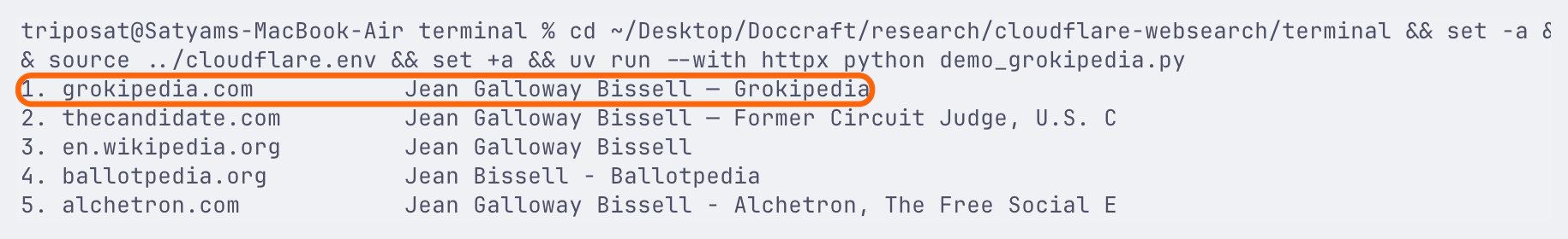 A terminal screenshot of Linkup's top 5 results for a question about Jean Galloway Bissell. The first is from Grokipedia, and Wikipedia is third