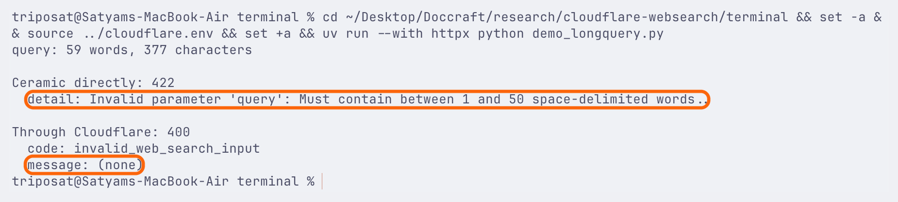 A terminal screenshot for a 59-word query. Ceramic directly returned 422 with the detail that a query must contain between 1 and 50 space-delimited words. Cloudflare returned 400 with the code invalid_web_search_input and no message