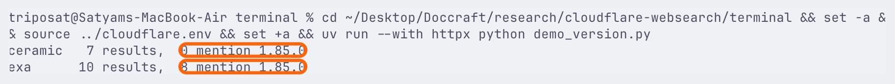 A terminal screenshot of a search for Rust 1.85.0 through Cloudflare. Ceramic returned 7 results and none mention 1.85.0. Exa returned 10 and 8 mention it