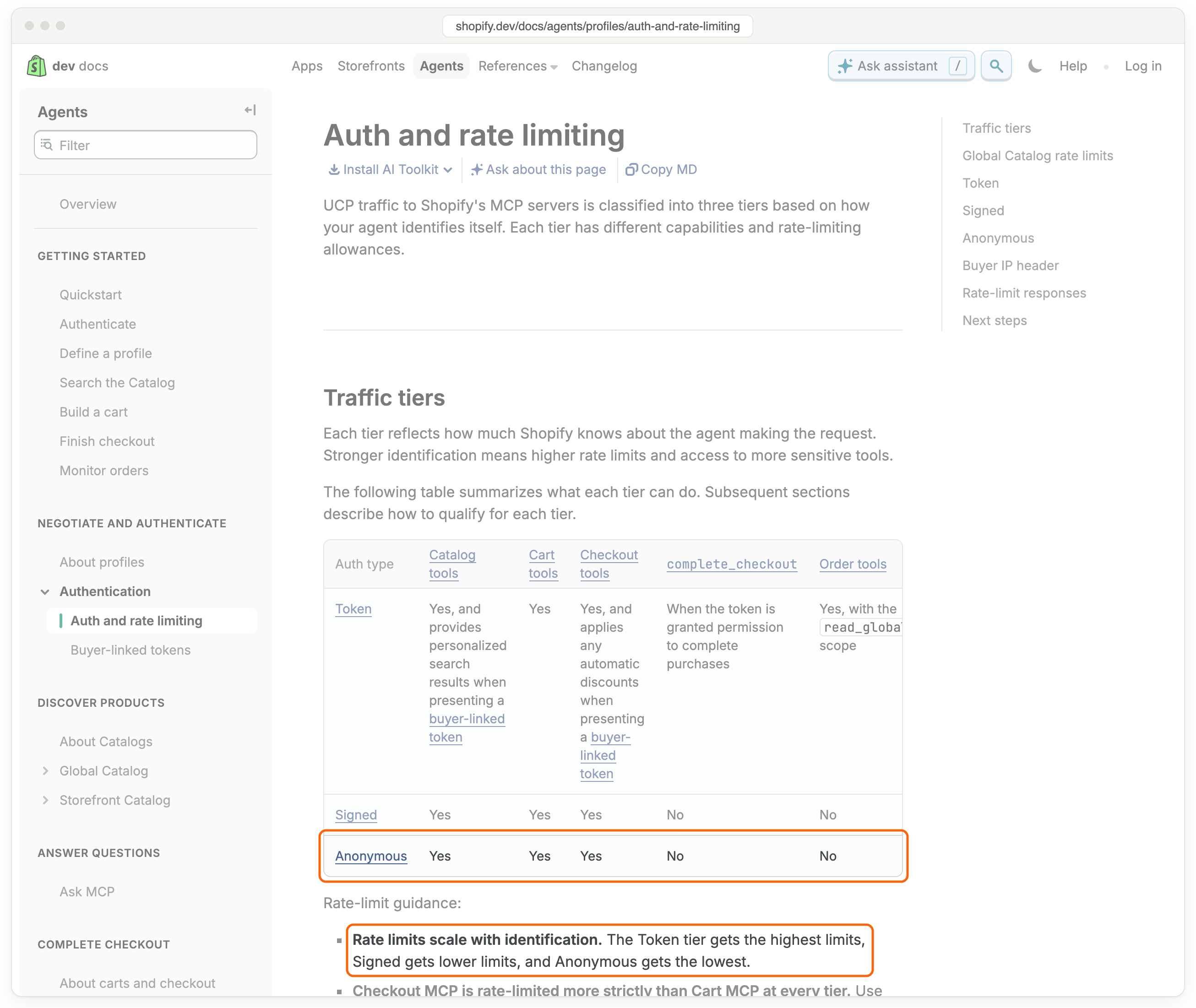 Shopify's developer docs page Auth and rate limiting. The Anonymous row of the traffic tiers table and the line Rate limits scale with identification are outlined
