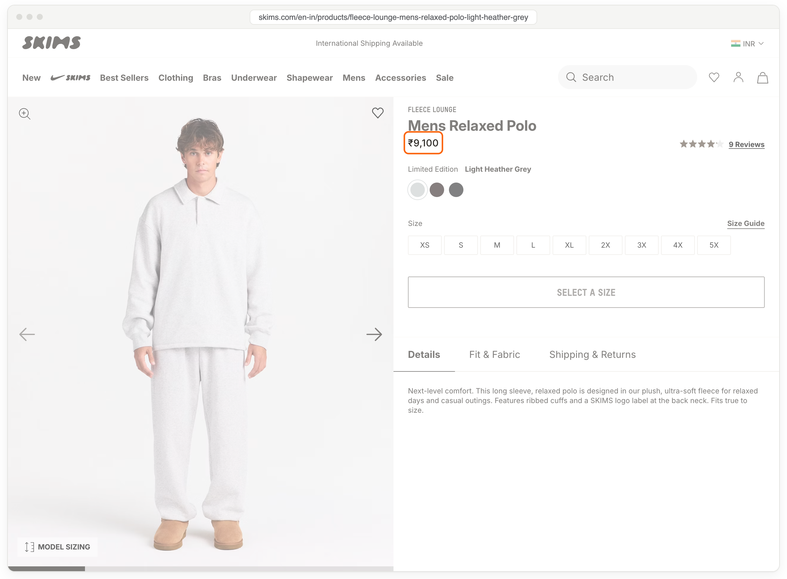 The SKIMS product page for India in a browser, at skims.com/en-in, with the price ₹9,100 outlined under the title Mens Relaxed Polo