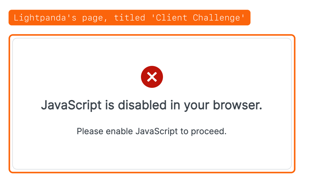 The page Lightpanda got from springer.com, a box that says JavaScript is disabled in your browser, under the title Client Challenge