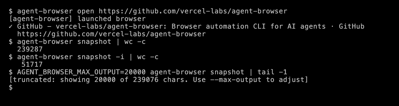 Terminal output on the agent-browser GitHub page. A full snapshot is about 239,000 characters, an interactive-only snapshot about 52,000, and with AGENT_BROWSER_MAX_OUTPUT=20000 the output is cut to 20,000 characters with a truncation note.