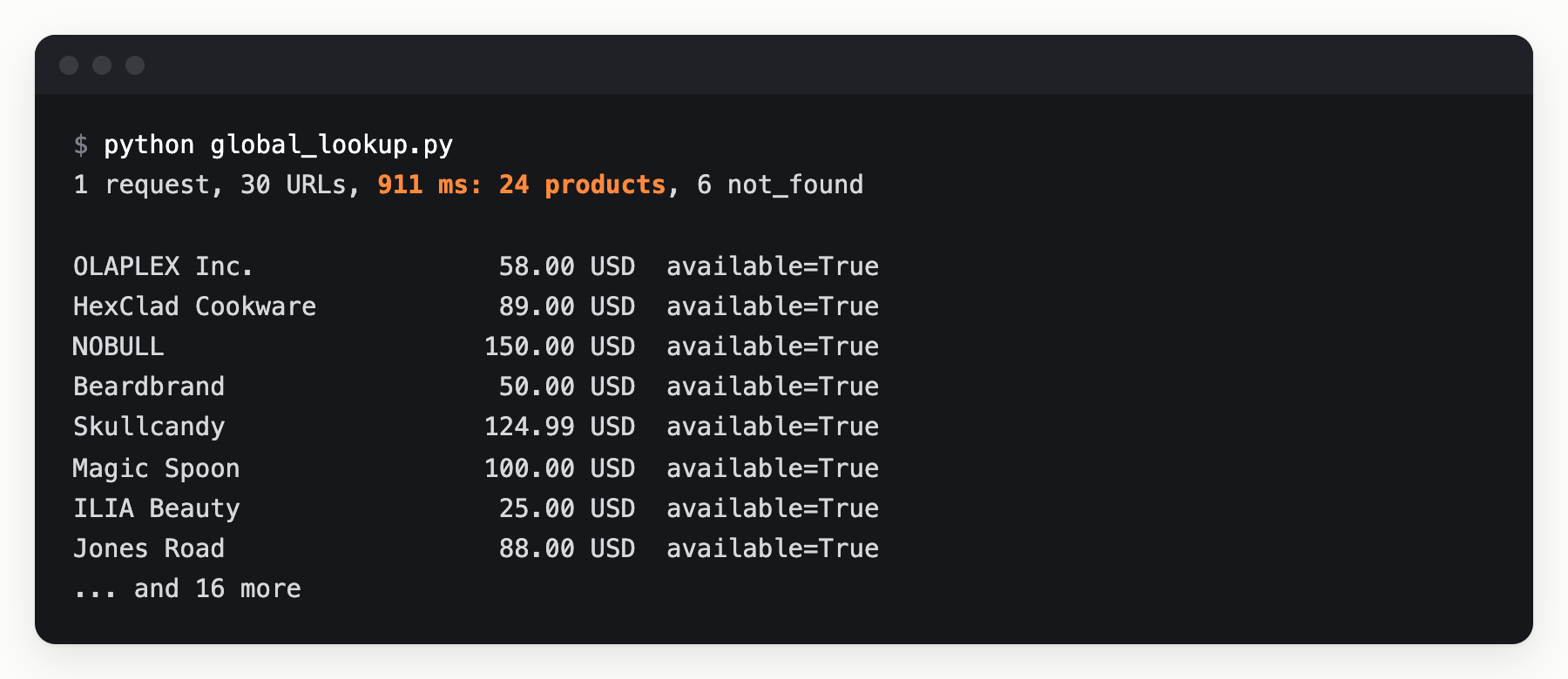 A terminal window. One request with 30 URLs took 911 ms and returned 24 products and 6 not_found, followed by 8 sellers with their prices in USD and available=True