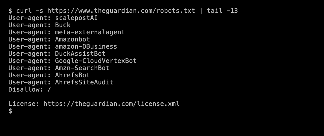 Terminal output of the last 13 lines of The Guardian's robots.txt. A group of user agents, including Amazonbot, DuckAssistBot and AhrefsBot, ends with Disallow: /. After a blank line comes License: https://theguardian.com/license.xml.