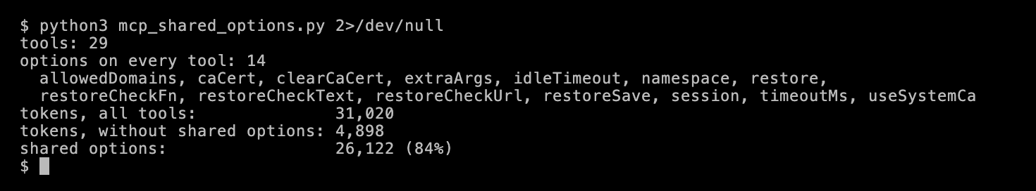 Terminal output of mcp_shared_options.py. 29 tools share 14 options, such as allowedDomains, caCert, namespace and restore. All tools take 31,020 tokens, and 4,898 without the shared options. The shared options take 26,122 tokens, 84%.