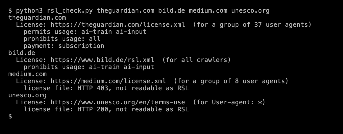 Terminal output of rsl_check.py. The Guardian's License line applies to a group of 37 user agents, and its file permits ai-train and ai-input with a subscription and prohibits all other use. Bild's applies to all crawlers and prohibits ai-train and ai-input. Medium's license file returns HTTP 403. UNESCO's points to a normal terms page.