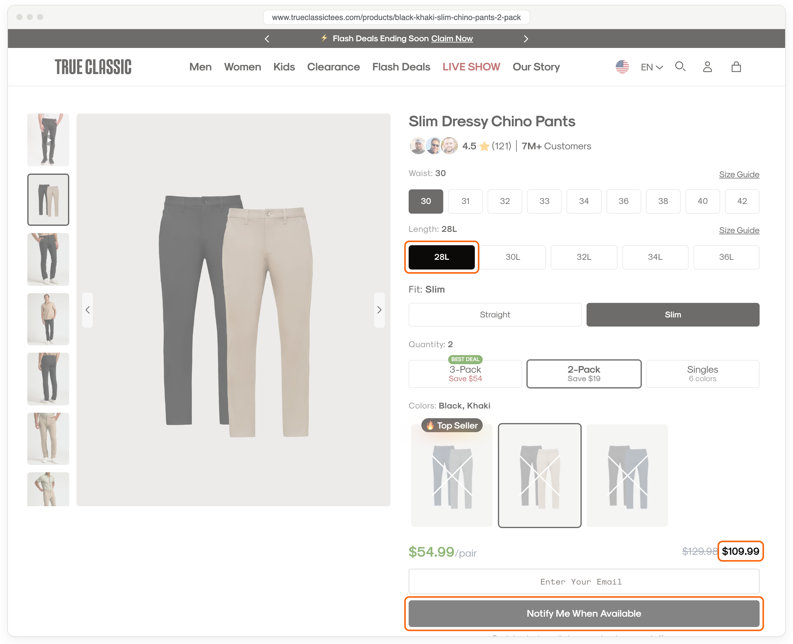The True Classic product page for Slim Dressy Chino Pants, with waist 30 and length 28L selected. The 28L button, the $109.99 price and the Notify Me When Available button are outlined