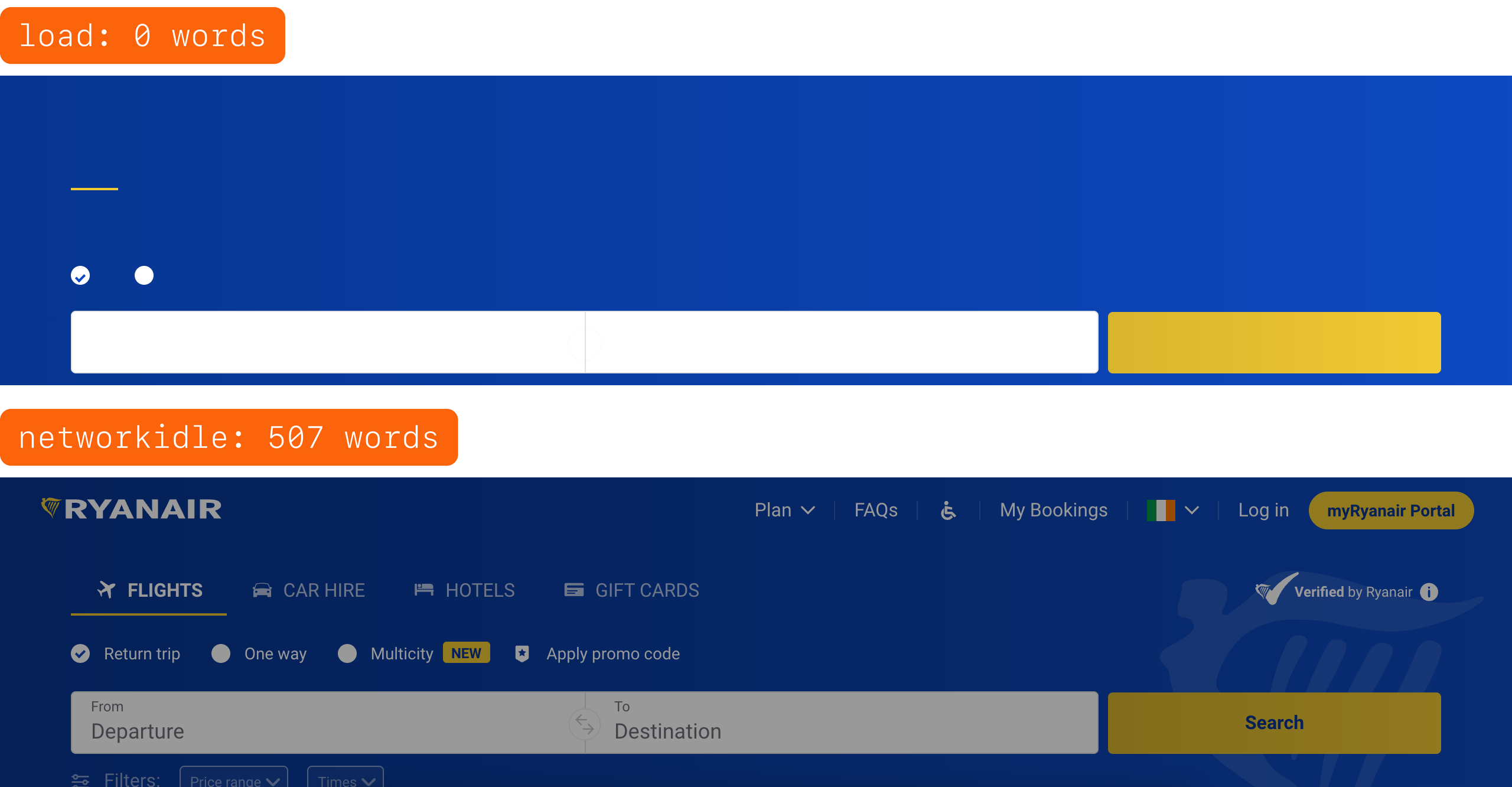 Two renders of the HTML that Lightpanda returned for Ryanair's homepage. With the load wait, a blue page with empty form fields and no text. With networkidle, the Ryanair header and flight search form